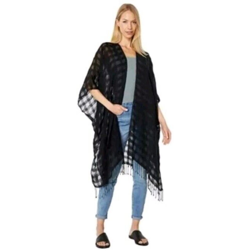 Madewell Beach Cape Women Top Boho Kimono Cover-Up Black Fringe Layering Light